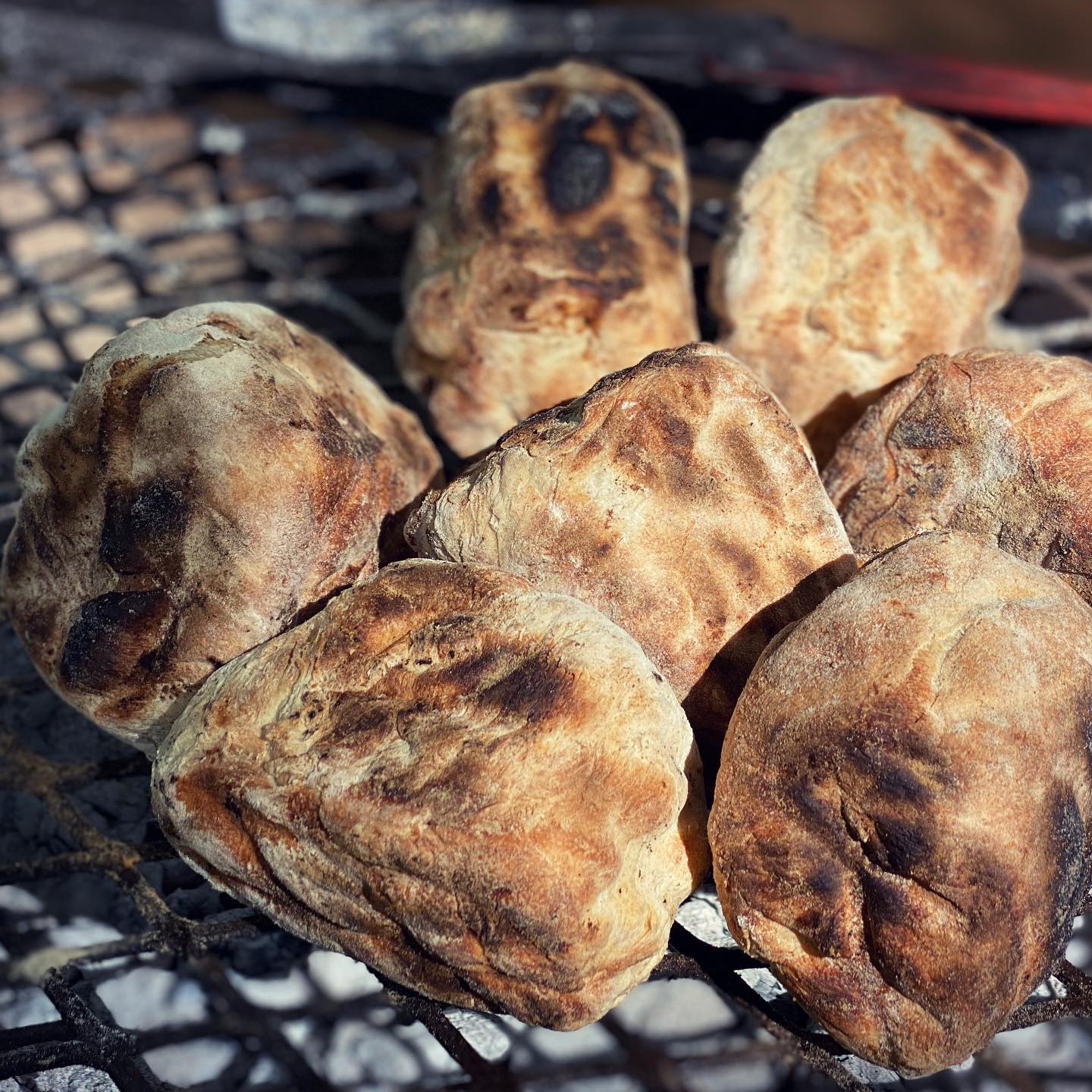 Roosterkoek op die rooster oor kole