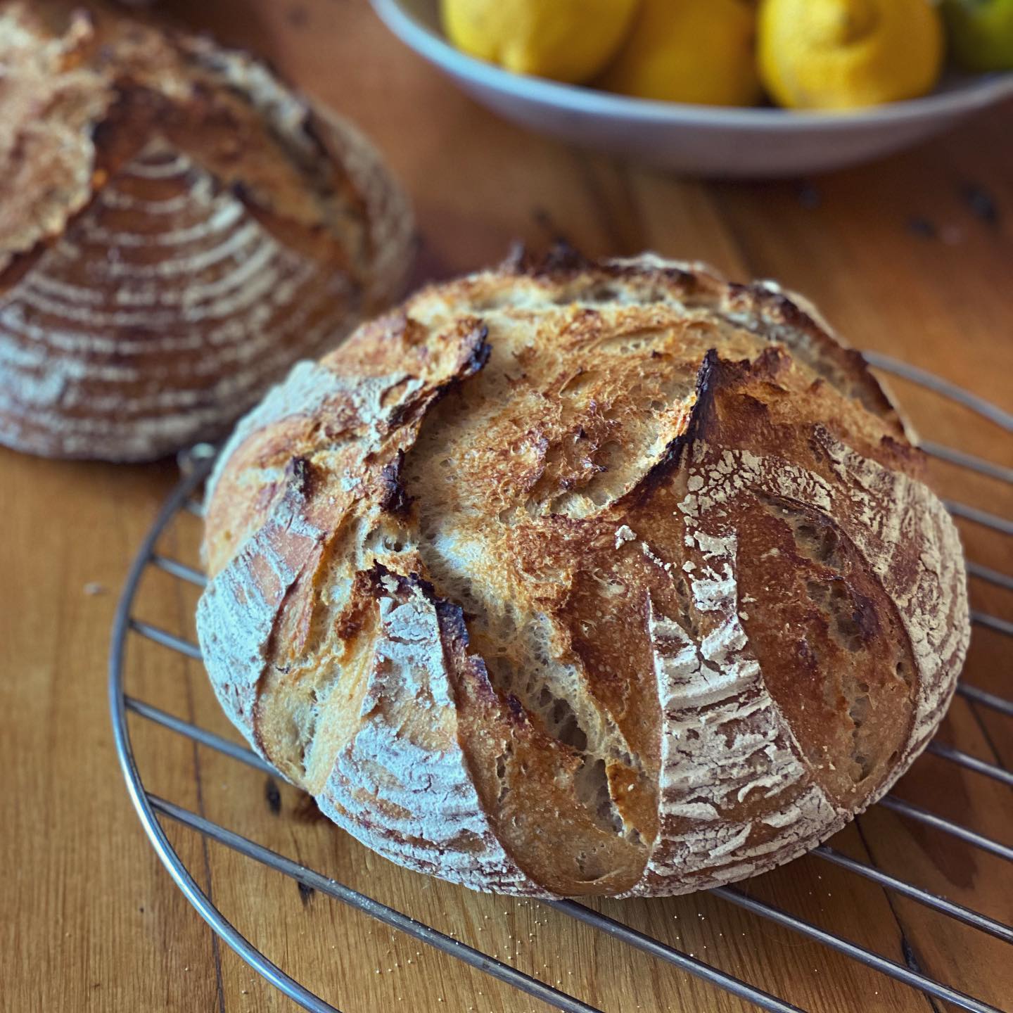 Goue suurdeegbrood op 'n afkoelrak